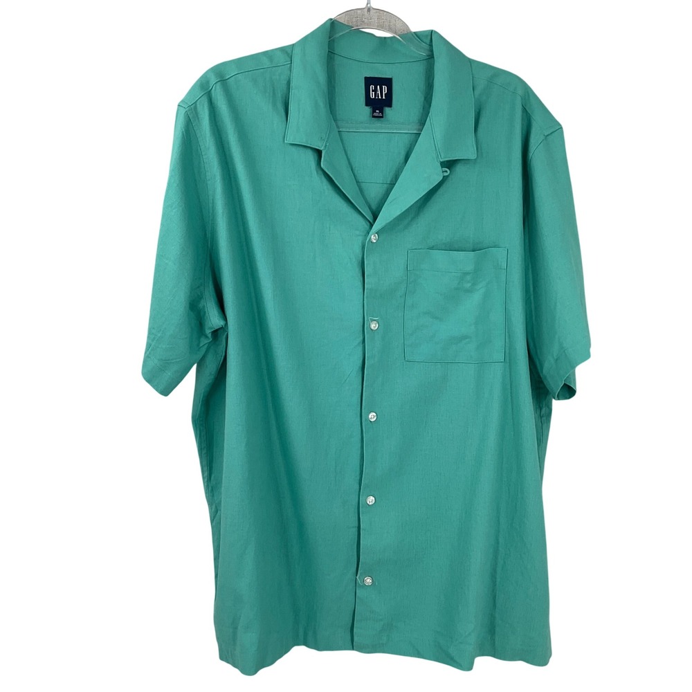 Gap Button Up Shirt Mens XL‎ Green Linen Short Sleeve Camp Collar Coastal NEW